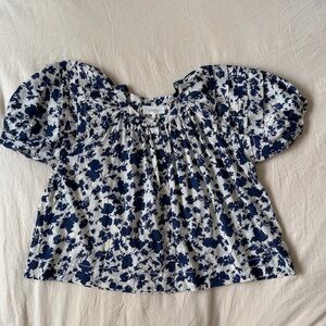 THE GREAT The Carriage Top White/Blue Floral Print Size 2 Puff Sleeve Blouse